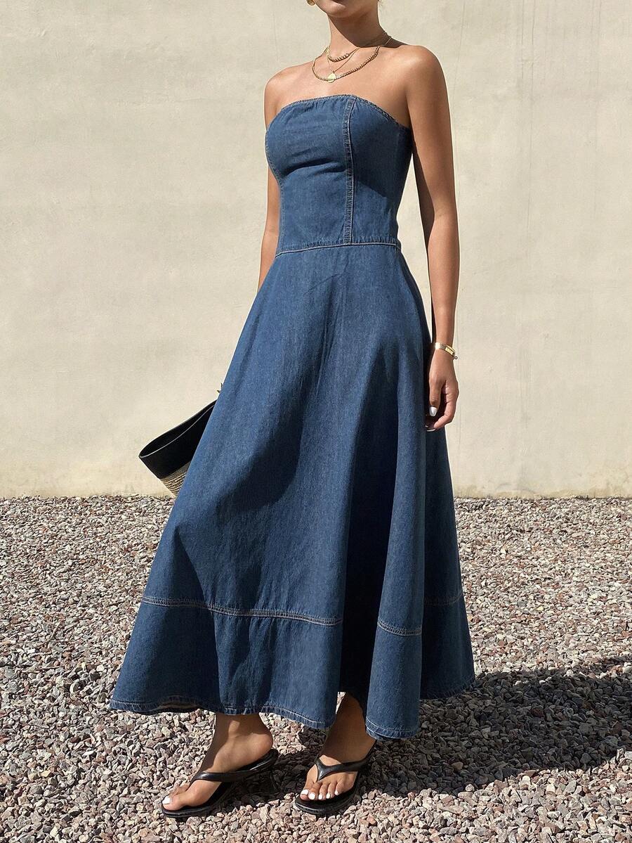 DAZY 女士度假无肩带露背牛仔连衣裙 - 藍色 - 查看 1