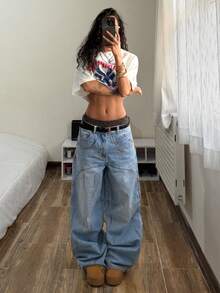 StreetHx 女士口袋纽扣交叉图案休闲百搭日常穿着阔腿牛仔裤 - 藍色 - 查看 5