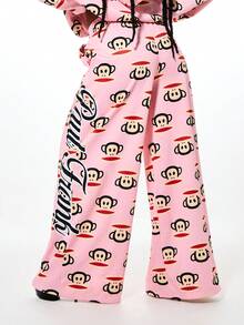 SUMWON X PAUL FRANK SUMWON WOMEN 女士宽松阔腿运动裤，通体猴子印花图案，抽绳腰带，休闲运动裤 - 粉色 - 查看 2