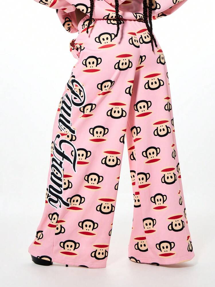 SUMWON Women's Oversized Wide Leg Joggers With All Over Monkey Print Pattern Drawstring Waist Casual Sweatpants
