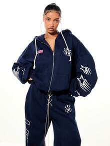 SUMWON WOMEN Navy Graphic Zip Up Hoodie With American Flag And Star Details For Casual Streetwear Fashion Fall Winter Outerwear - Navy Blue - View 6