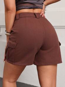 Jeanoix Pantalones cortos de mezclilla casuales y sueltos de talle alto con múltiples bolsillos para mujer - Marrón - Ver 2