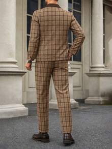 Manfinity Bizformal 男士休闲百搭舒适面料休闲度假春季休闲外套和裤子套装，舒适休闲装 - 卡其色 - 查看 2