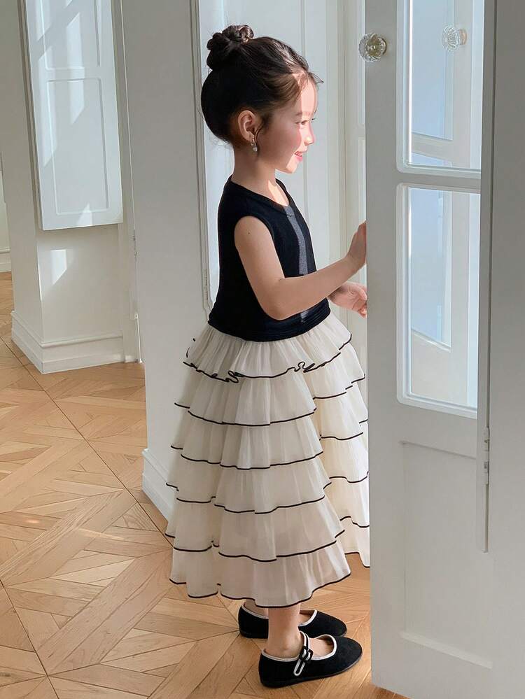 Young Girl Colorblock Round Neck Layered Ruffle Hem Sleeveless Dress Summer Sun Dresses For Women