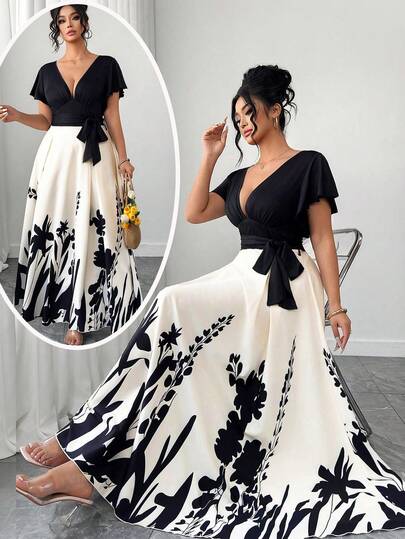 Elenzga Plus Size Women's V-Neck Ruffled Hem Short Sleeve Waist Tie Loose Casual Dress, Printed Woven Patchwork Fabric, Elegant & Versatile For Daily, Work, Vacation, Spring/Summer Plus Size Maxi Summer Dress Dinner Dresses For Vacation Plus Size Evening Gown Plus Size Elegant Dress Curve Formal Dress