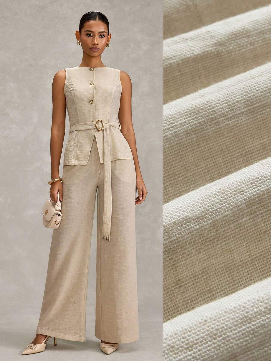 SHEIN 女士两件套服装背心和裤子套装 - 米色 - 查看 1