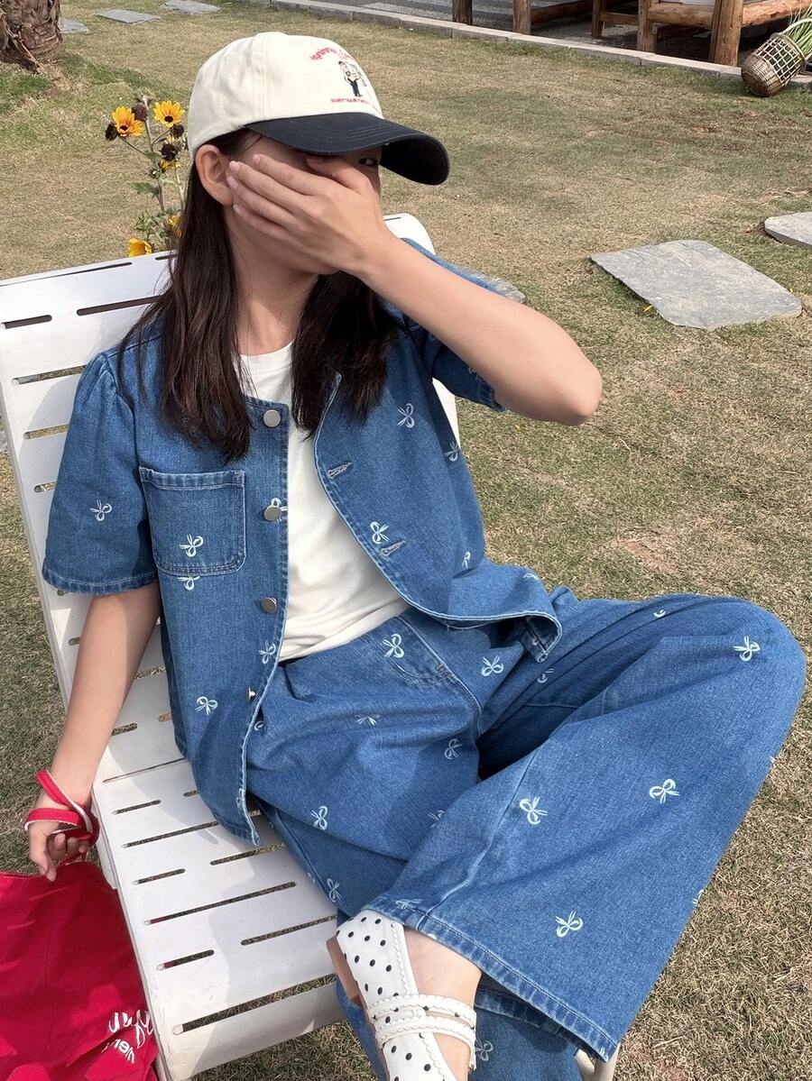 DAZY 2件套少女泡泡印花短袖牛仔上衣和牛仔裤套装，秋季 - 藍色 - 查看 1