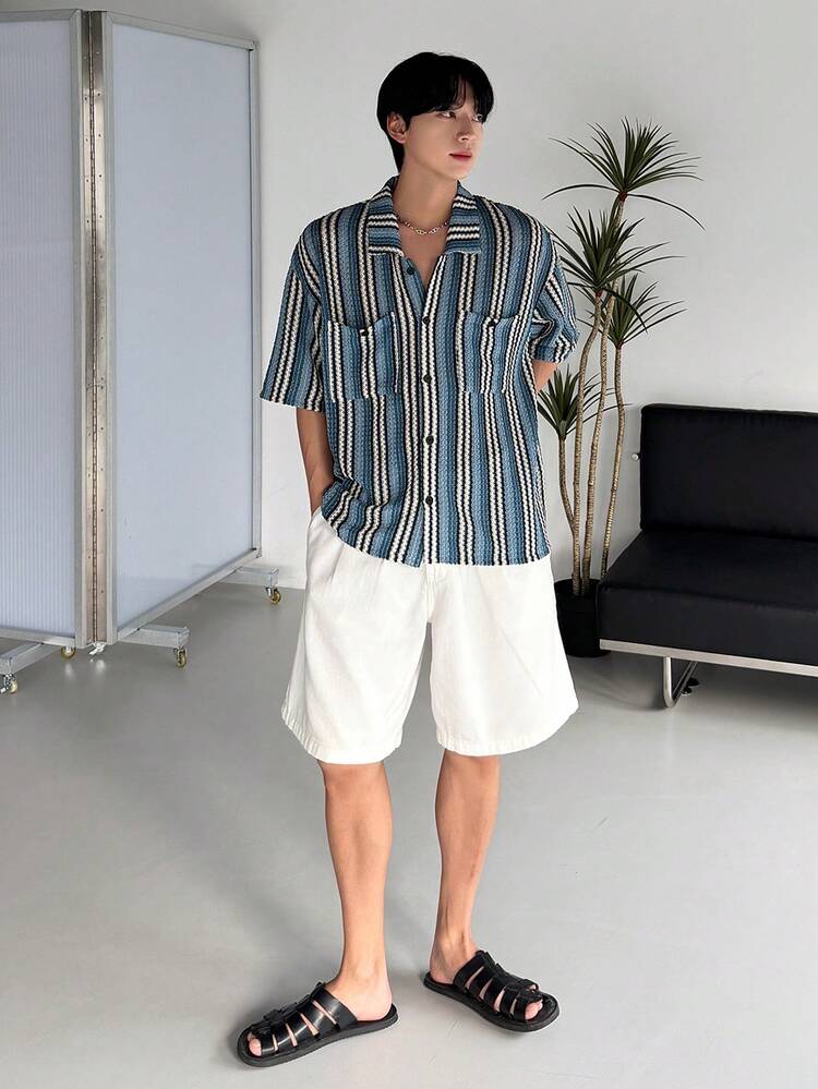 Men's Short Sleeve Striped Textured Fabric Shirt, Summer