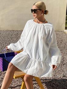 DAZY Women's Oversized Round Neck Long Casual Pullover Shirt - White - View 3