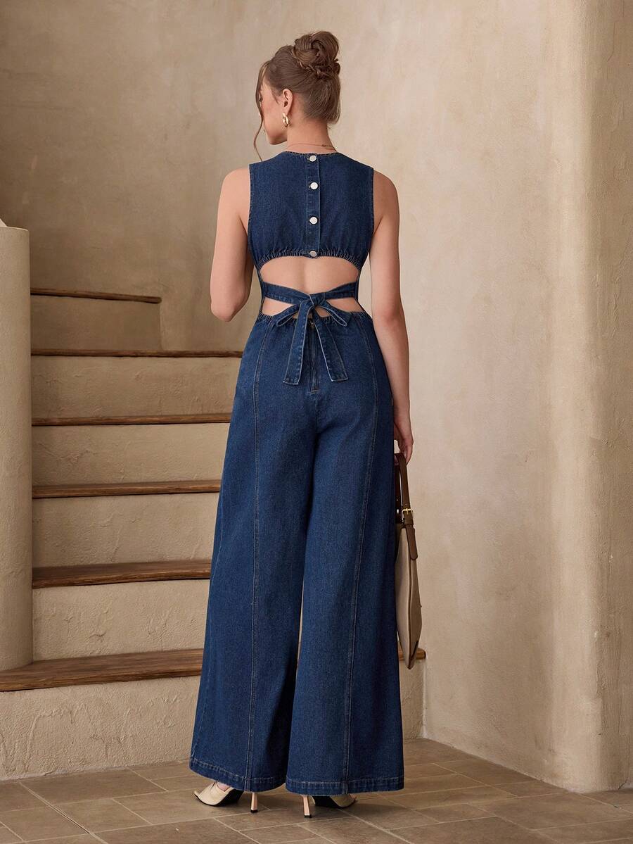 Selenza 女士休闲露背系带牛仔连体裤，适合度假和日常穿着 - 藍色 - 查看 1