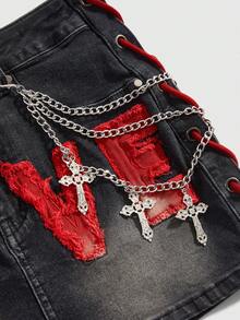 ROMWE Grunge Punk Sexy Valentine's Day LOVE Patch Heart Denim Mini Skirt, Spring/Summer - Black - View 3