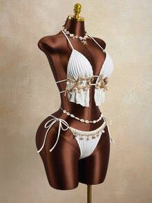 Zestiva Conjunto de bikini de 2 piezas para mujer con cinta de rayas onduladas, para el verano - Beis - Ver 4