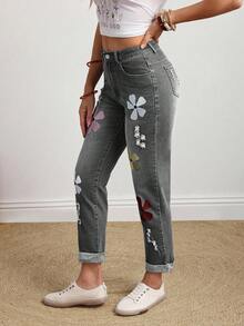 EMERY ROSE Jeans de talla grande con lavado, bordado floral y efecto desgastado - Gris - Ver 4