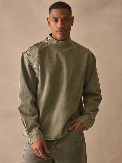 Musero 长袖立领超大纽扣肩部细节水洗牛仔上衣套装（仅限衬衫）春夏必备单品