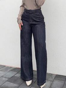 Jeta Ari Women's Straight Leg Casual Jeans With Belt Decoration - Dark Wash - View 4