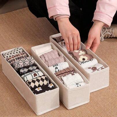 Bộ 1/3/5 giỏ đựng đồ bằng vải lanh gấp gọn, hộp đựng tất không dệt, hộp đựng đồ và sắp xếp tủ quần áo, hộp đựng đồ kiểu ngăn kéo xếp chồng lên nhau, tiết kiệm không gian, thích hợp để đựng nhiều vật dụng như tất, đồ lót, cà vạt, khăn quàng cổ, phụ kiện, mỹ phẩm, v.v., trang trí nhà cửa, trang trí phòng.