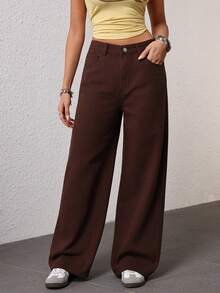 Jeanoix Women's Pocketed Wide Leg Loose Casual Versatile Jeans - Brown - View 3
