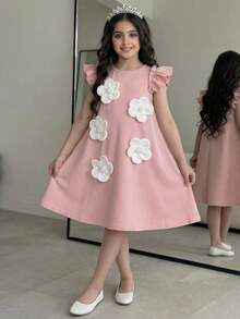 Emery Rose Kids Young Girl Round Neck 3D Floral Decor Casual Vacation Daily Wear Cap Sleeve Dress,Kids - Pink - View 4