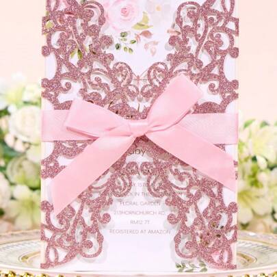 20PCS Pink Glitter Laser Cut Wedding Invitations Set With Envelopes RSVP Cards Bow Ribbon For Bridal Shower Engagement Quinceanera Sweet 16 Birthday Party Event Stationery