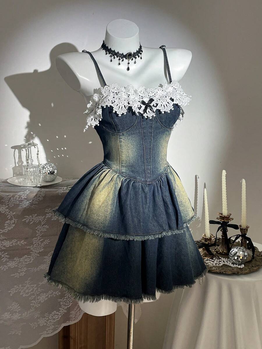 Elamini Women's Lace Ruffle Fringe Fashion Date Night Denim Slip Dress - Blue - View 1