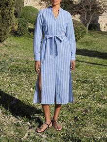 Maija 女士条纹长袖单排扣侧开衩下摆休闲中长连衣裙 - 藍色 - 查看 7