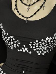 SHEIN Unity Star Print Hollow Out Short Sleeve T-Shirt, Casual Summer - Black - View 5