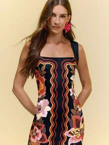 CAJUNI 女士休闲度假热带花卉印花黑色露肩针织中长连衣裙，约会连衣裙，优雅连衣裙，带口袋女士长款连衣裙，夏季长裙，吊带长裙 - 黑色 - 查看 5