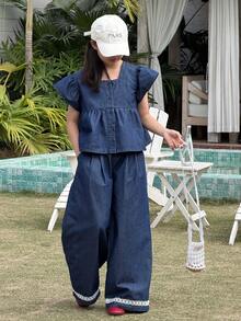 DAZY 2件套少女时尚短袖上衣和阔腿牛仔裤套装，夏季 - 藍色 - 查看 8