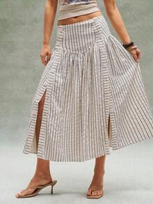 Bohemela Women's Summer Casual Vacation Striped Loose-Fitting Slit Cream Yellow A-Line Midi Skirt, Summer Outfits For Women,Free And Relaxed Style Of Dressing,Fasching Women Costume,Beach Outfit,Summer Vacation Outfits - Multicolor - View 2