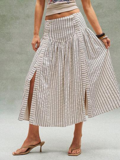 Bohemela Women's Summer Casual Vacation Striped Loose-Fitting Slit Cream Yellow A-Line Midi Skirt, Summer Outfits For Women,Free And Relaxed Style Of Dressing,Fasching Women Costume,Beach Outfit,Summer Vacation Outfits