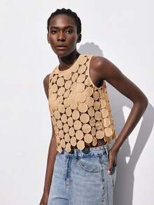 Maija 水溶性刺绣舒适透气圆点背心，适合度假、圣帕特里克节、复活节、夏季、复活节派对、海滩度假、夏季外出、毕业典礼等场合，休闲穿着。 - 卡其色 - 查看 9