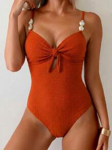 Swim Lushoire Áo tắm liền thân gợi cảm màu trơn, chất liệu vải có họa tiết, đính hạt cườm dành cho nữ, thích hợp cho kỳ nghỉ biển. - màu nâu - Xem 4