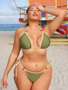 SHEIN Swim Plus Size Solid Color Bikini Set, Featuring Ruffle Trim Details - Halter Triangle Bra Top And Side Tie Bikini Bottoms - Green - View 6