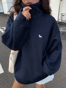 DAZY Women's Casual Colorblock Turndown Collar Thermal Lined Loose Sweatshirt, Spring - Navy Blue - View 4