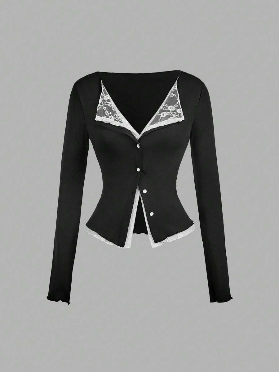 SHEIN MOD 女士优雅通勤撞色蕾丝拼接前扣二合一T恤 - 黑色 - 查看 1