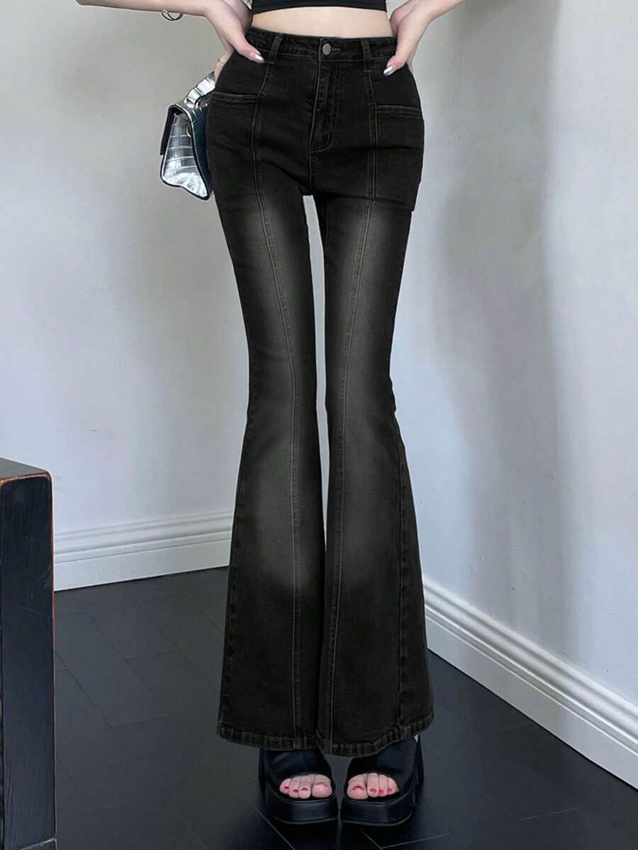 DAZY Women's Korean Style Washed Flared Distressed Casual Jeans Petite - Black - View 1