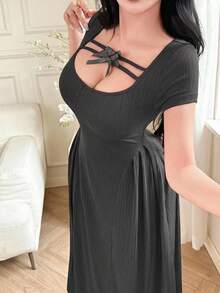 Feyla Women's Solid Color Bow Decor Short Sleeve Elegant Dress - Dark Grey - View 5
