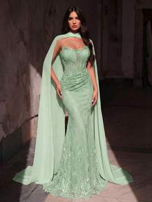 Glamrae Elegant Luxurious Stretchy Lace Ruched Sexy Bandeau Mermaid Dress With Detachable Sequin Skirt, Suitable For Weddings, Parties, Vacations, Galas, Honeymoons, Bridal - Green - View 5