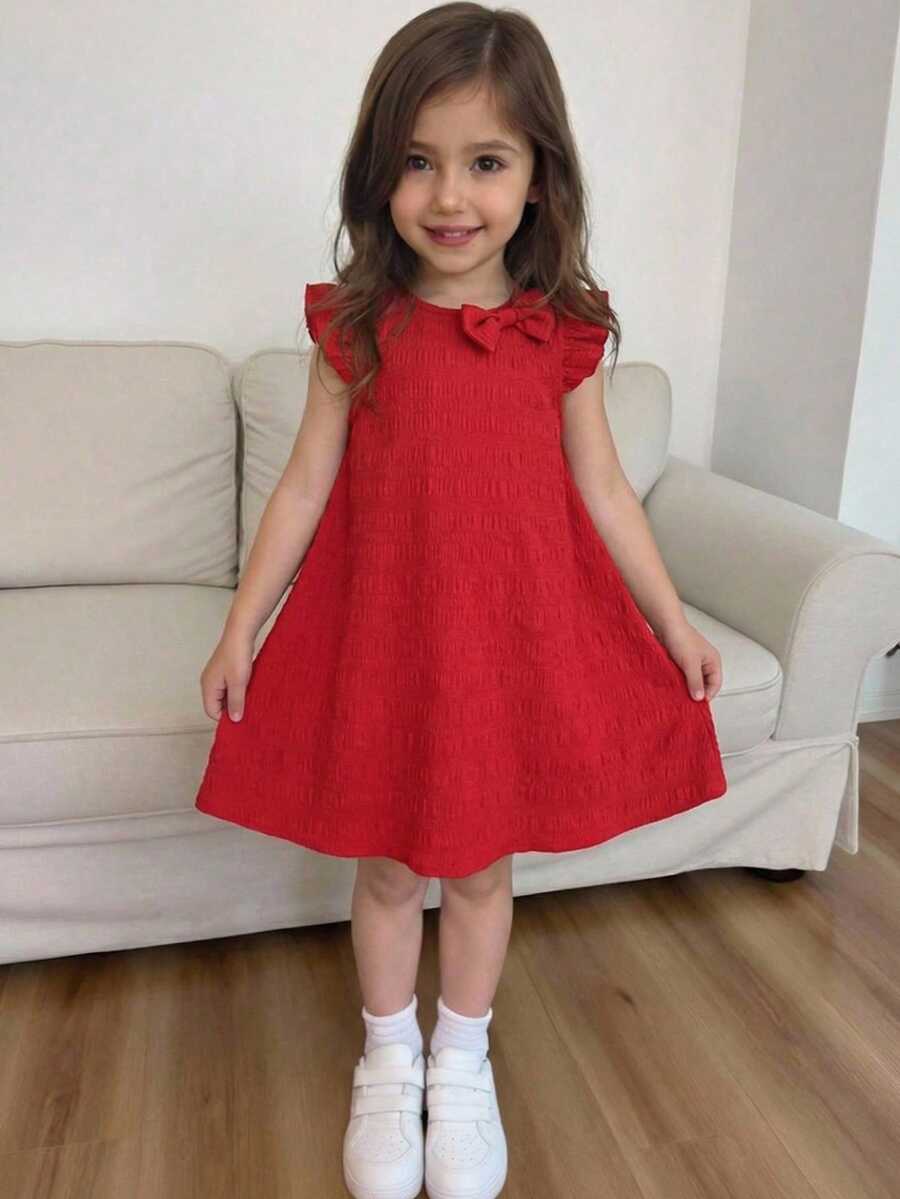 Emery Rose Kids 少女纯色针织圆领荷叶边下摆休闲连衣裙 - 紅色 - 查看 1