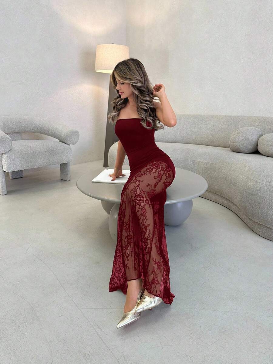 Jemour Elegant Romantic Date Night Sexy Party Black Lace Strapless Bodycon Irregular Hem Lace Patchwork Maxi Dress, Spring/Summer, Suitable For Valentine's Day, Wedding Season - Burgundy - View 1