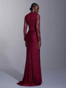 Elitara Burgundy Spring Formal Evening Wedding Bridesmaid Dress,Lace Patchwork Long Sleeve Ruched Fishtail Hem Trailing Elegant Birthday Party Event Gown - Burgundy - View 2