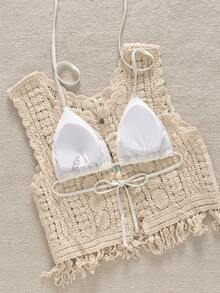 Swim Mod 夏季假期随机印花罗纹贝壳装饰三角杯性感女士吊带背心 - 白色 - 查看 2