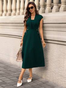 Editum 女士纯色包袖纽扣设计优雅办公中长连衣裙 - 墨綠色 - 查看 9