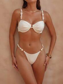 Swim Chiccia Women's Solid Color Side Chain Decor Triangle Swimwear - Beige - View 7