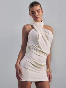 SHEIN Haute Women's One Shoulder Draped Casual Stretch Knit Dress Office Wear - Apricot - View 4