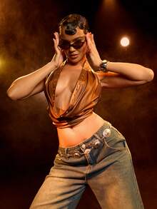 Hauture Festival Coated Draped Low Cowl Neck Grommet Open Back Halter Top - Brown - View 1