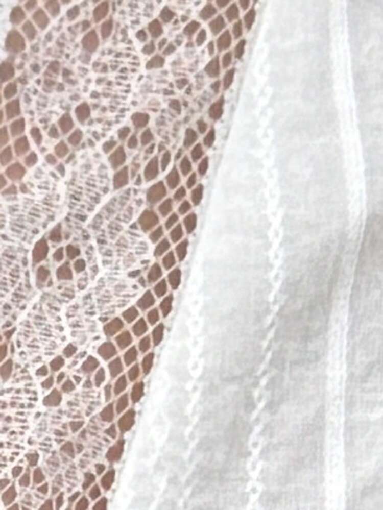 Women's V-Neck Lace Patchwork Cinched Waist Bow Short Sleeve Blouse