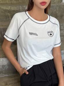 DAZY Letter Graphic Top-stitching Raglan Sleeve Tee - White - View 4