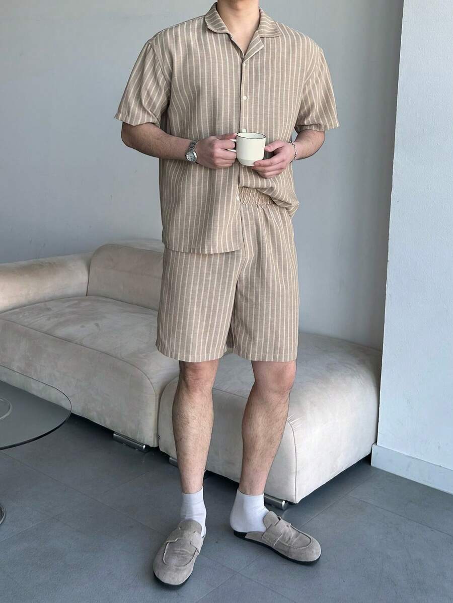 DAZY 男士条纹短袖衬衫短裤套装,夏季 - 卡其色 - 查看 1