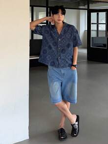 DAZY Áo sơ mi denim tay ngắn in họa tiết hoa điều màu xanh dương mùa hè dành cho nam - Màu xanh lam - Xem 5